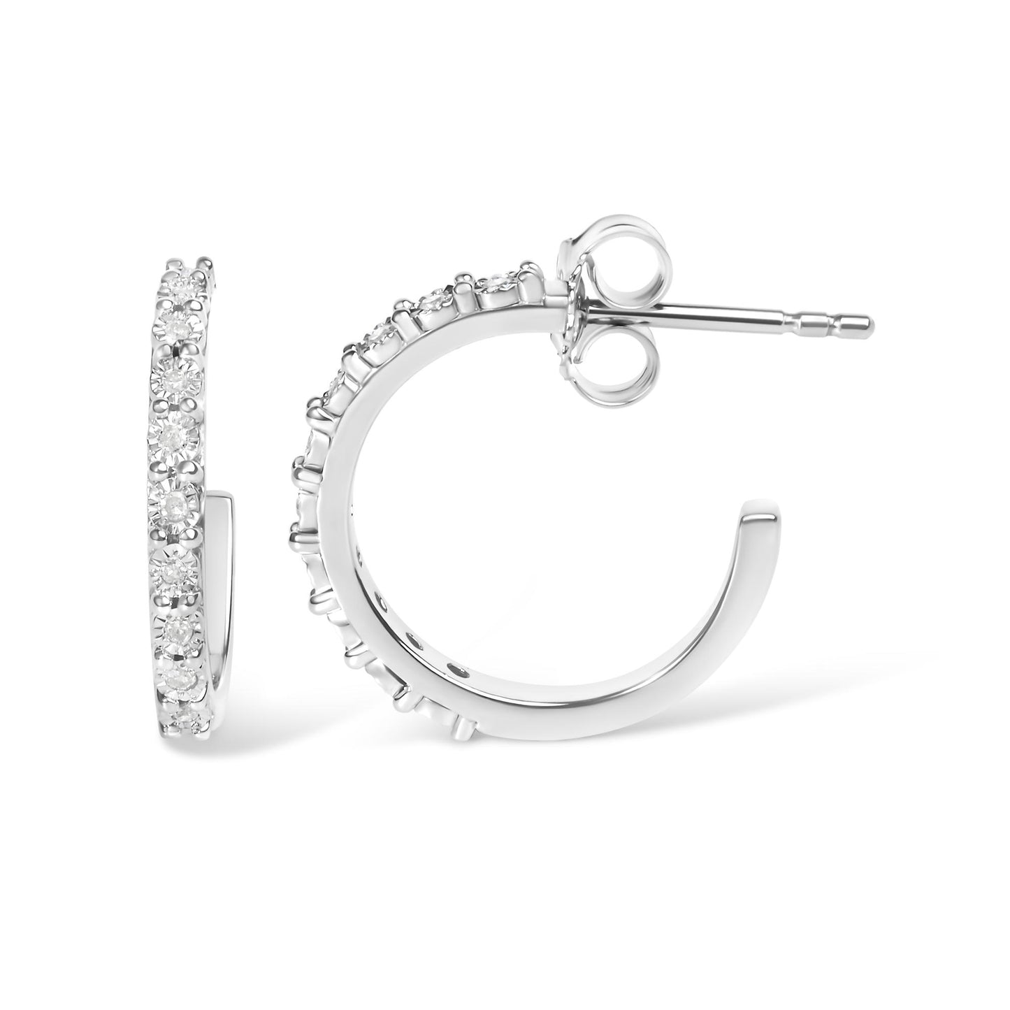 Close-up front and side view of white metal hoop earrings with round white gemstones in a miracle setting.