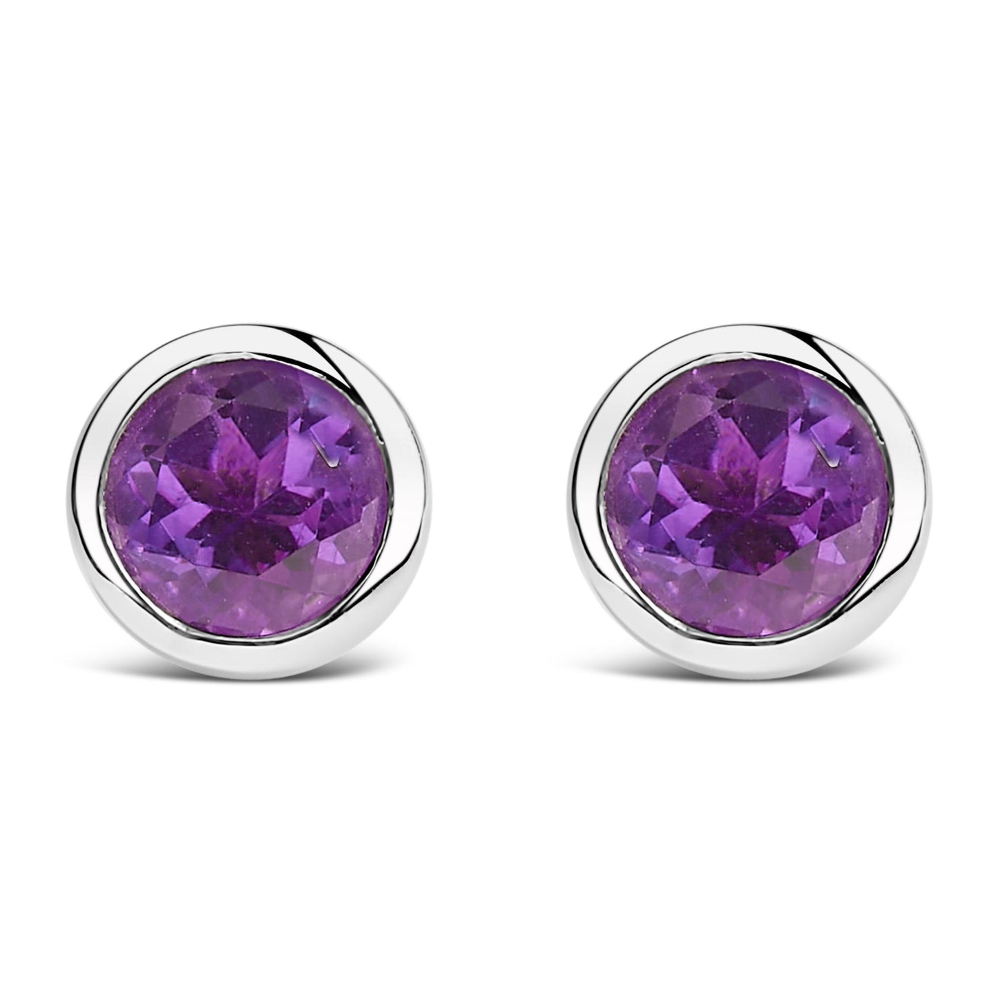 Front view of a pair of white metal stud earrings each featuring a round purple gemstone in a bezel setting.