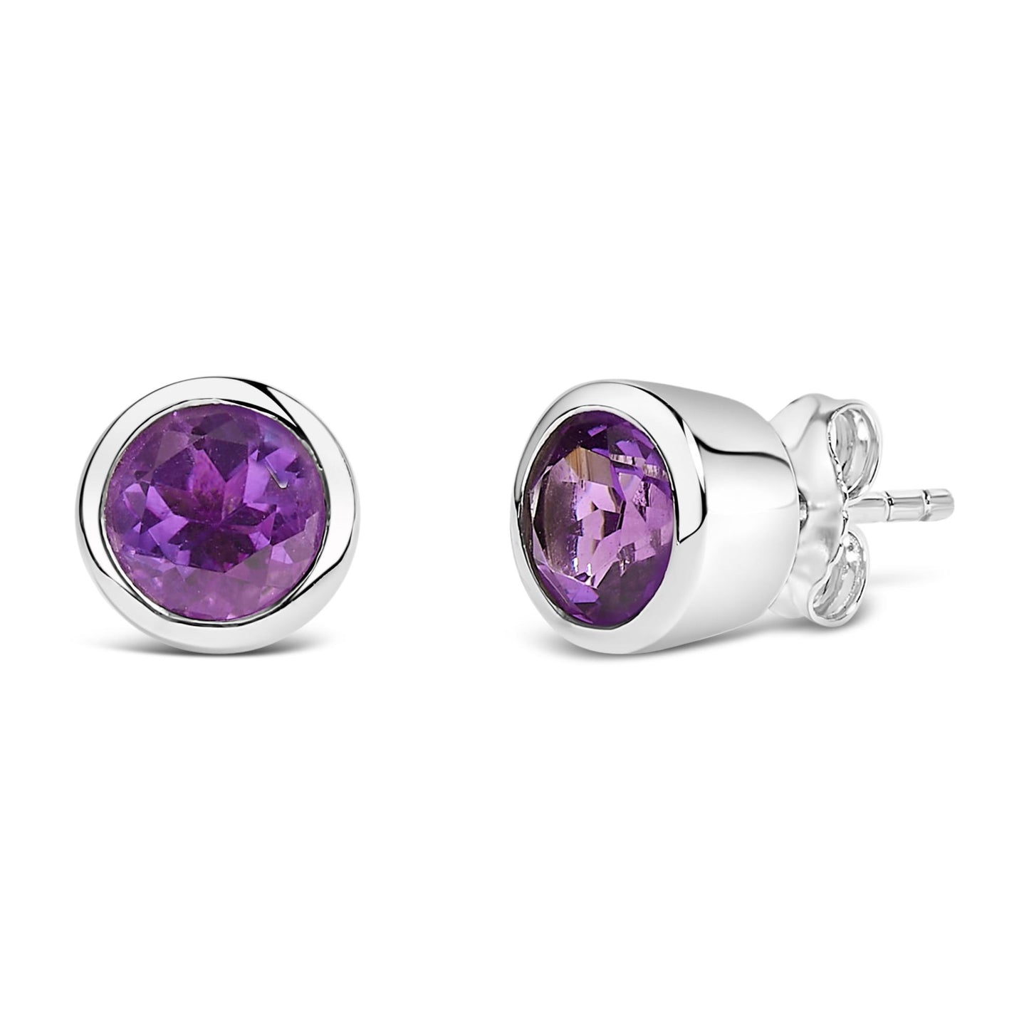 Pair of white metal stud earrings with round purple gemstones in bezel settings, shown from front and side angles on a white background.