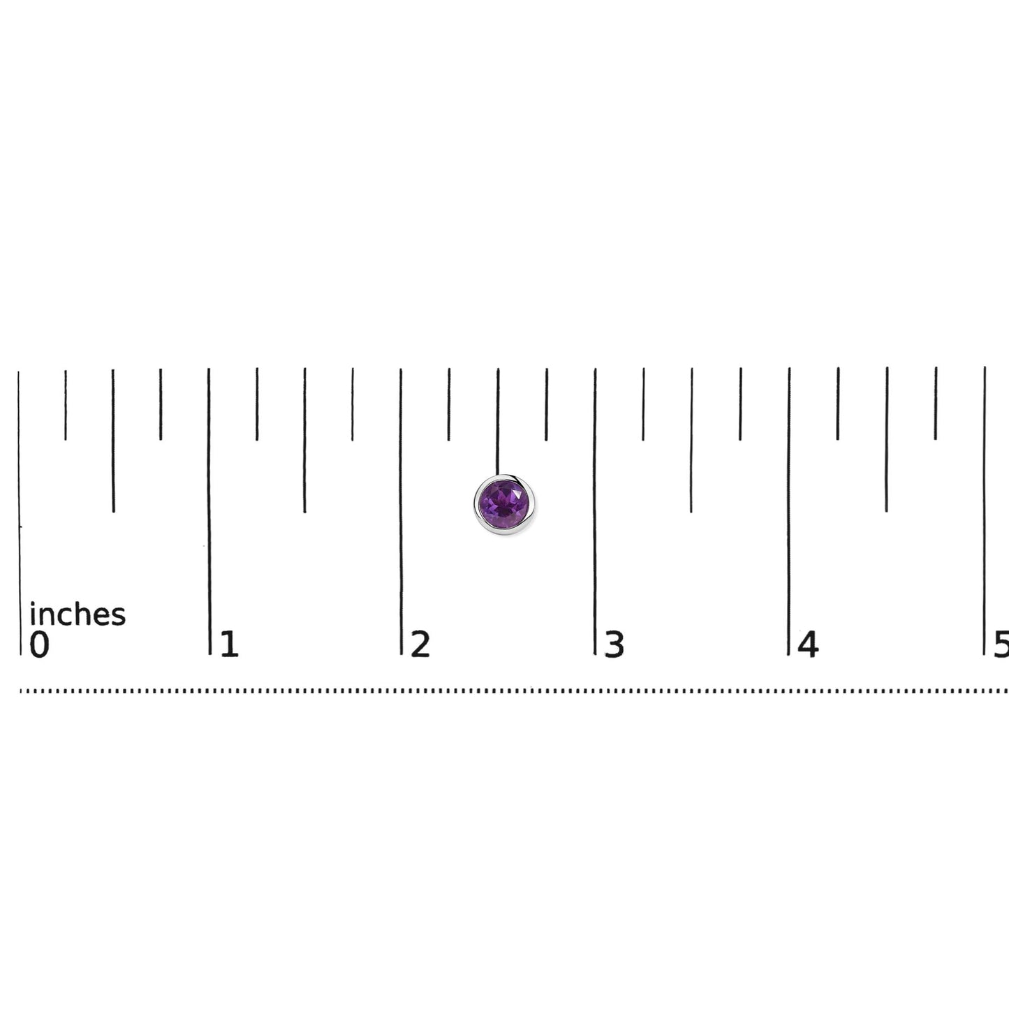 Close-up top view of a single round purple gemstone earring with a white metal bezel setting, shown on a ruler scale.