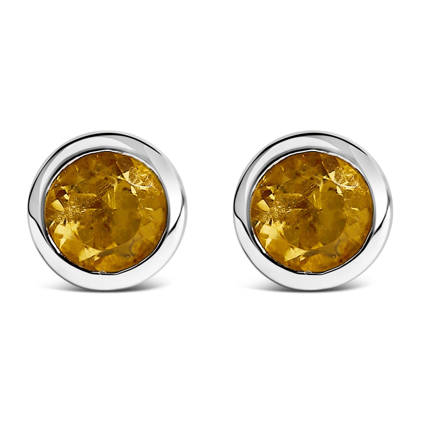 Front view of a pair of white metal round stud earrings with bezel-set yellow round gemstones.