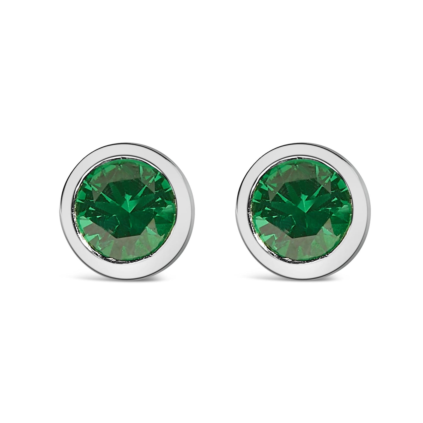 Pair of white metal round stud earrings with green round gemstones in bezel settings, shown from the front on a white background.