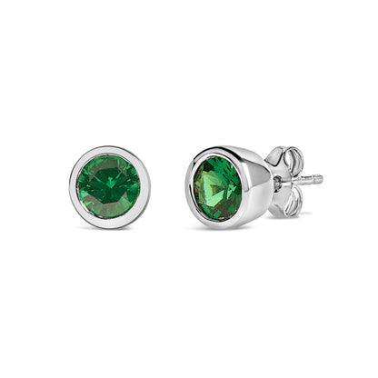 Pair of white metal stud earrings with round green gemstones in bezel settings, shown from front and side angles on a white background.