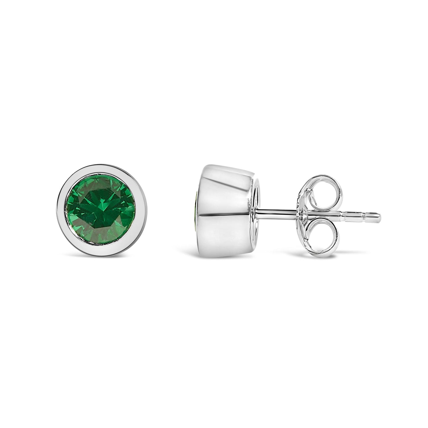 Pair of white metal stud earrings with round green gemstones in bezel settings, shown from front and side angles on a white background.