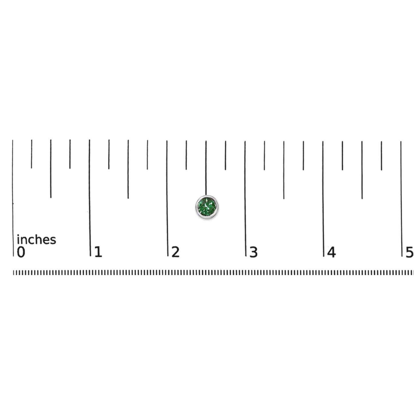 White metal earring with a round green gemstone in bezel setting, shown on a scale from above.