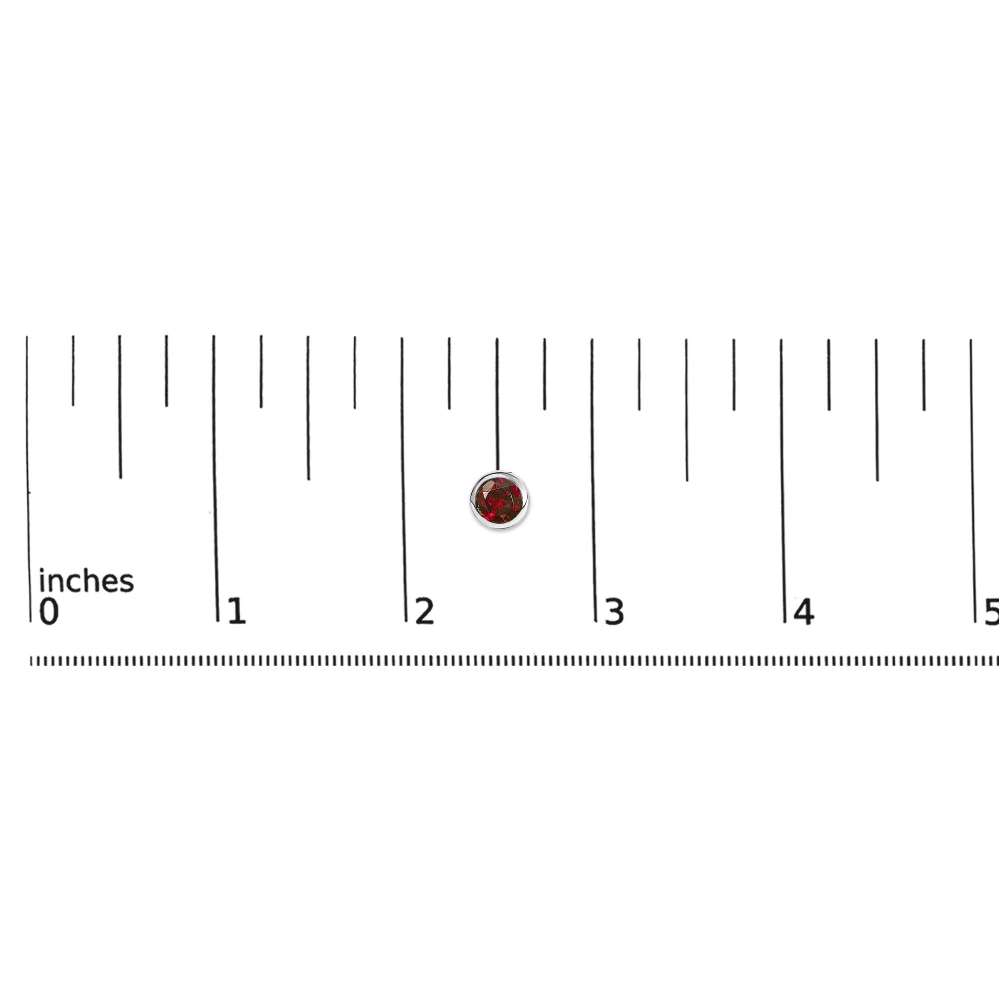 Close-up front view of a single white metal round earring with a red round gemstone in a bezel setting, shown on a scale.