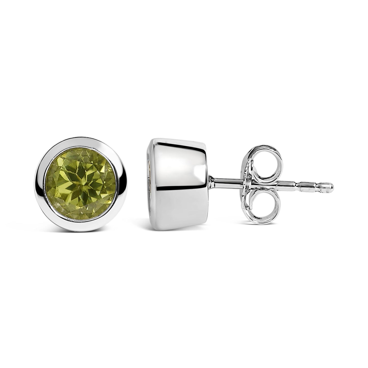 Pair of white metal stud earrings with round green gemstones in bezel settings, shown in a front and side view on a white background.