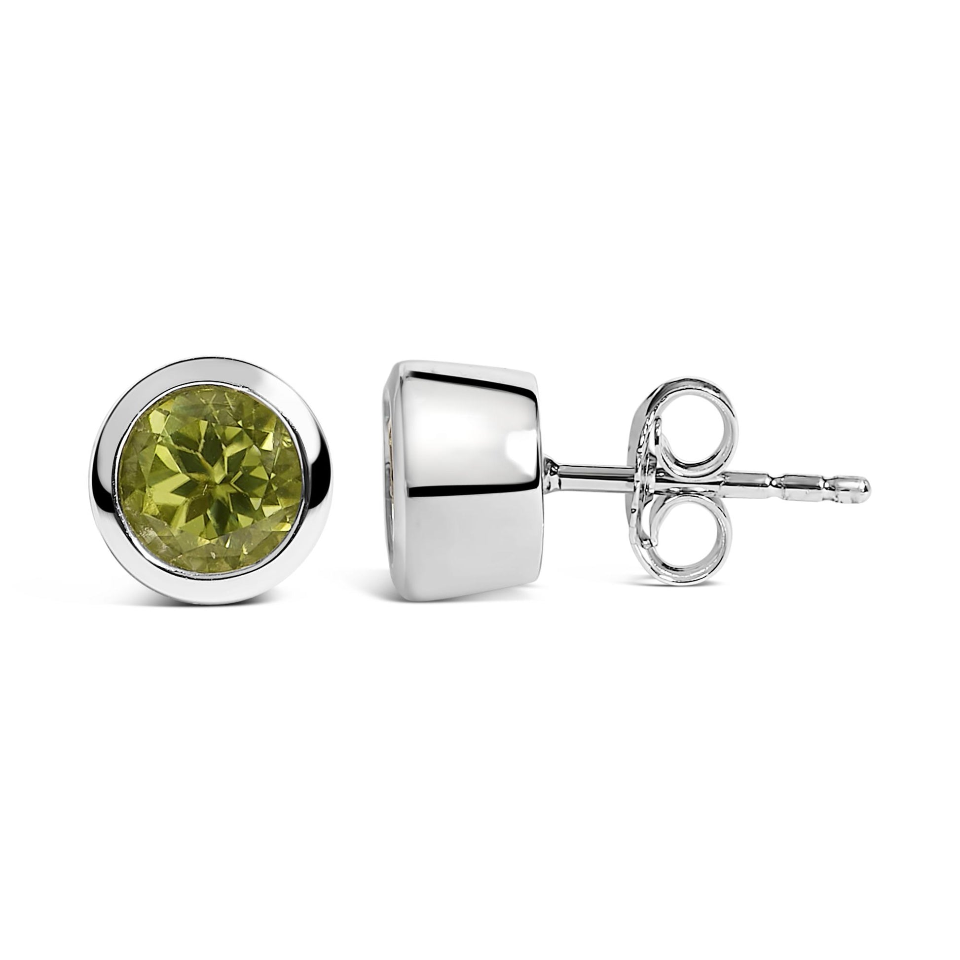 Pair of white metal stud earrings with round green gemstones in bezel settings, shown in a front and side view on a white background.