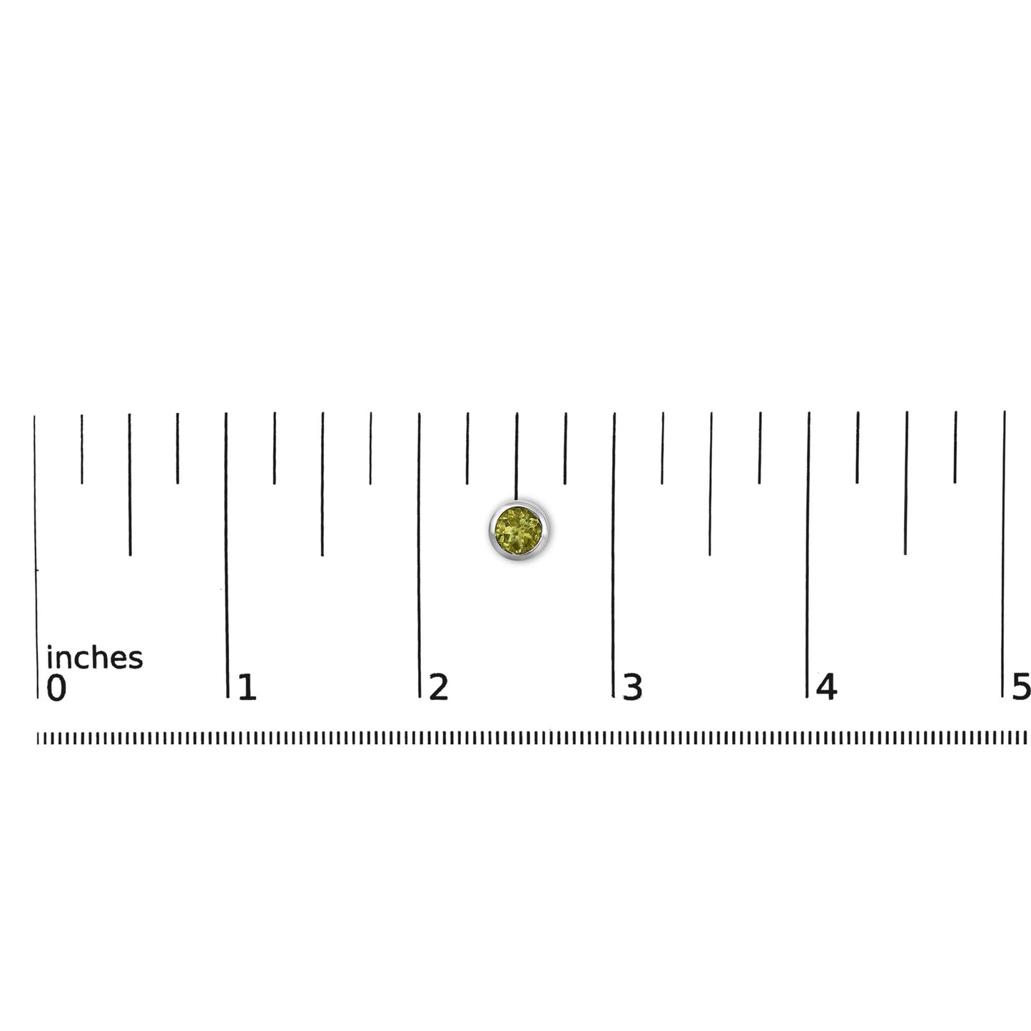 White metal round bezel-set green gemstone earring shown on a scale from a top-down angle.