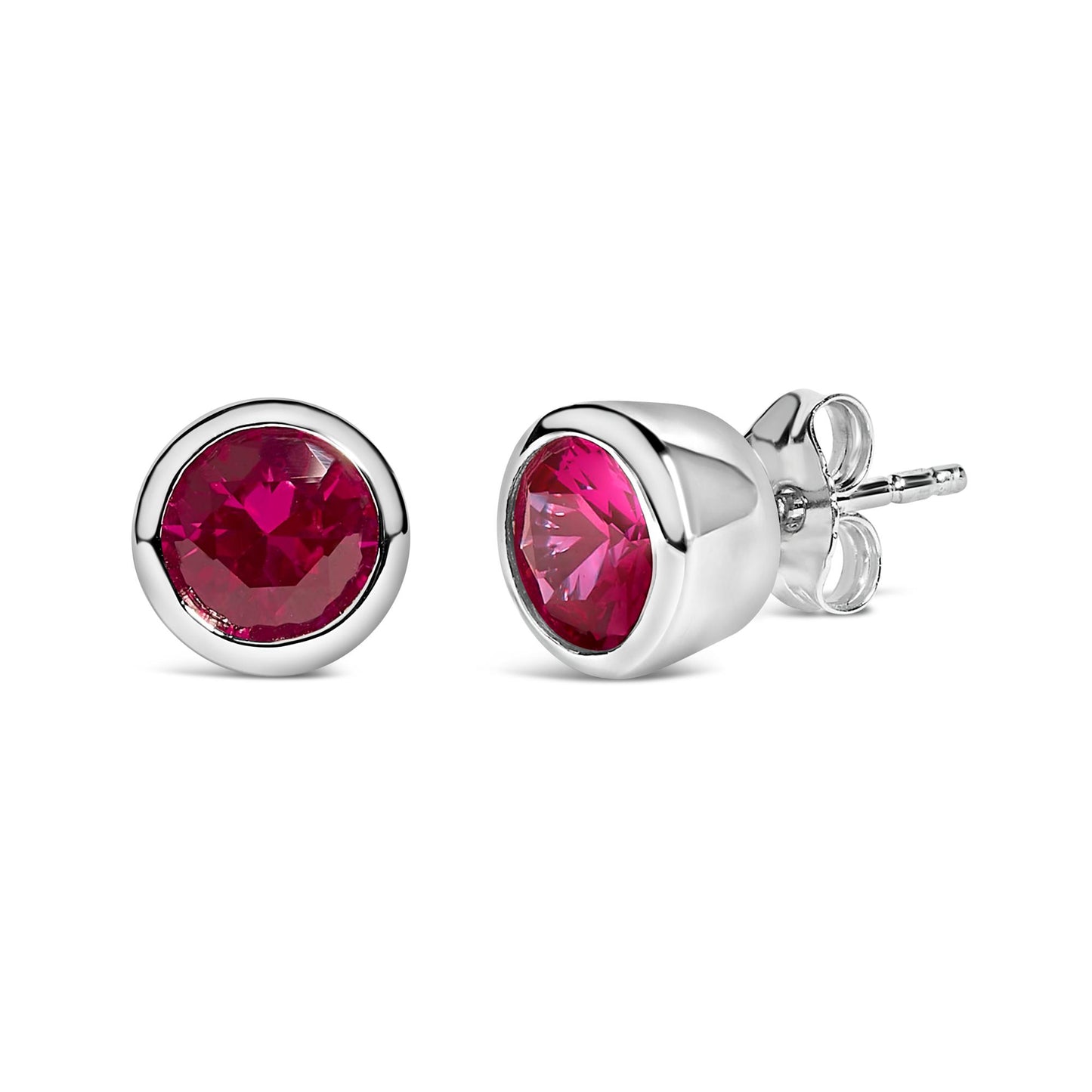 Pair of white metal stud earrings with round red gemstones in bezel settings, shown in a close-up front and side angled shot on a white background.