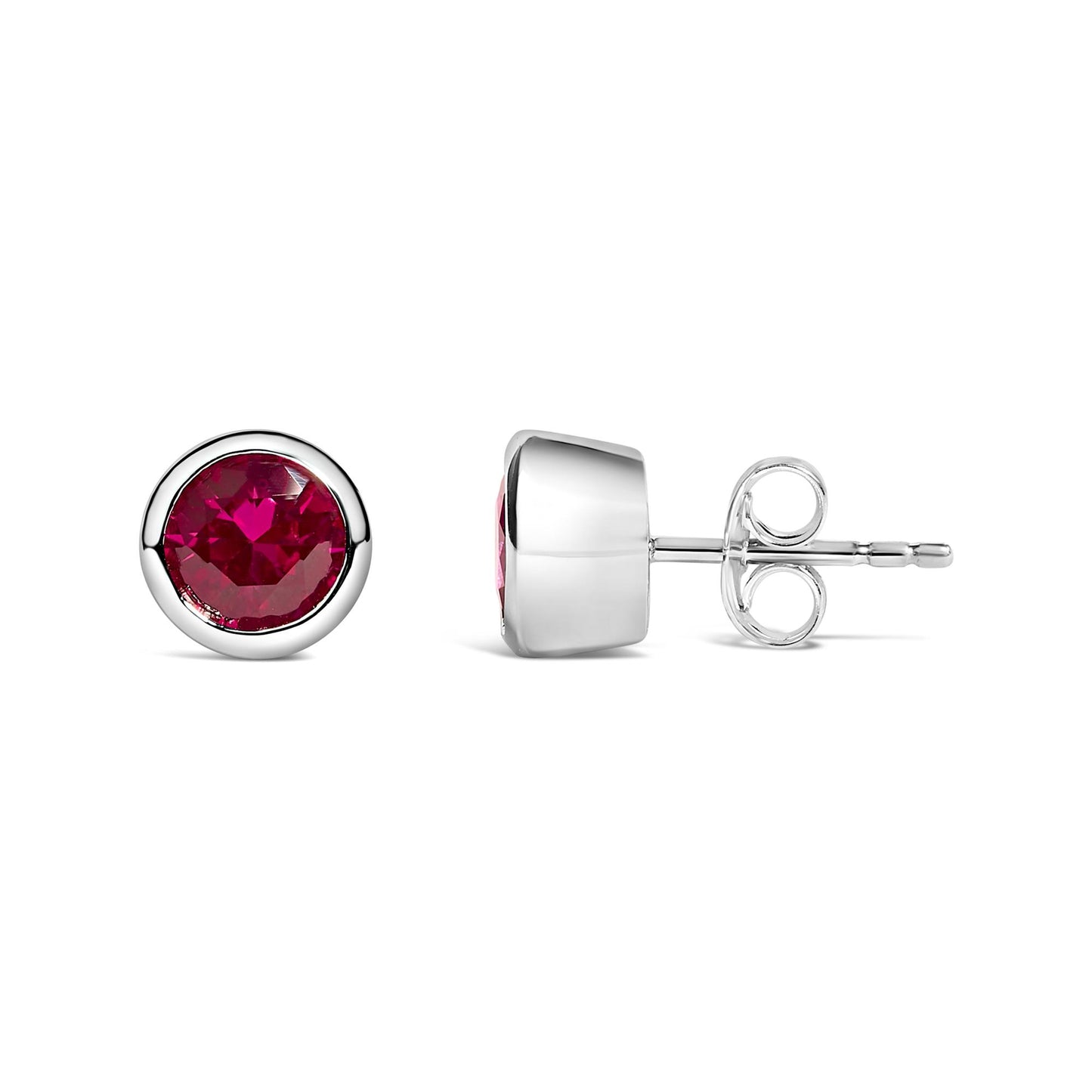 Pair of white metal stud earrings with round red gemstones in bezel settings, shown from front and side angles on a white background.