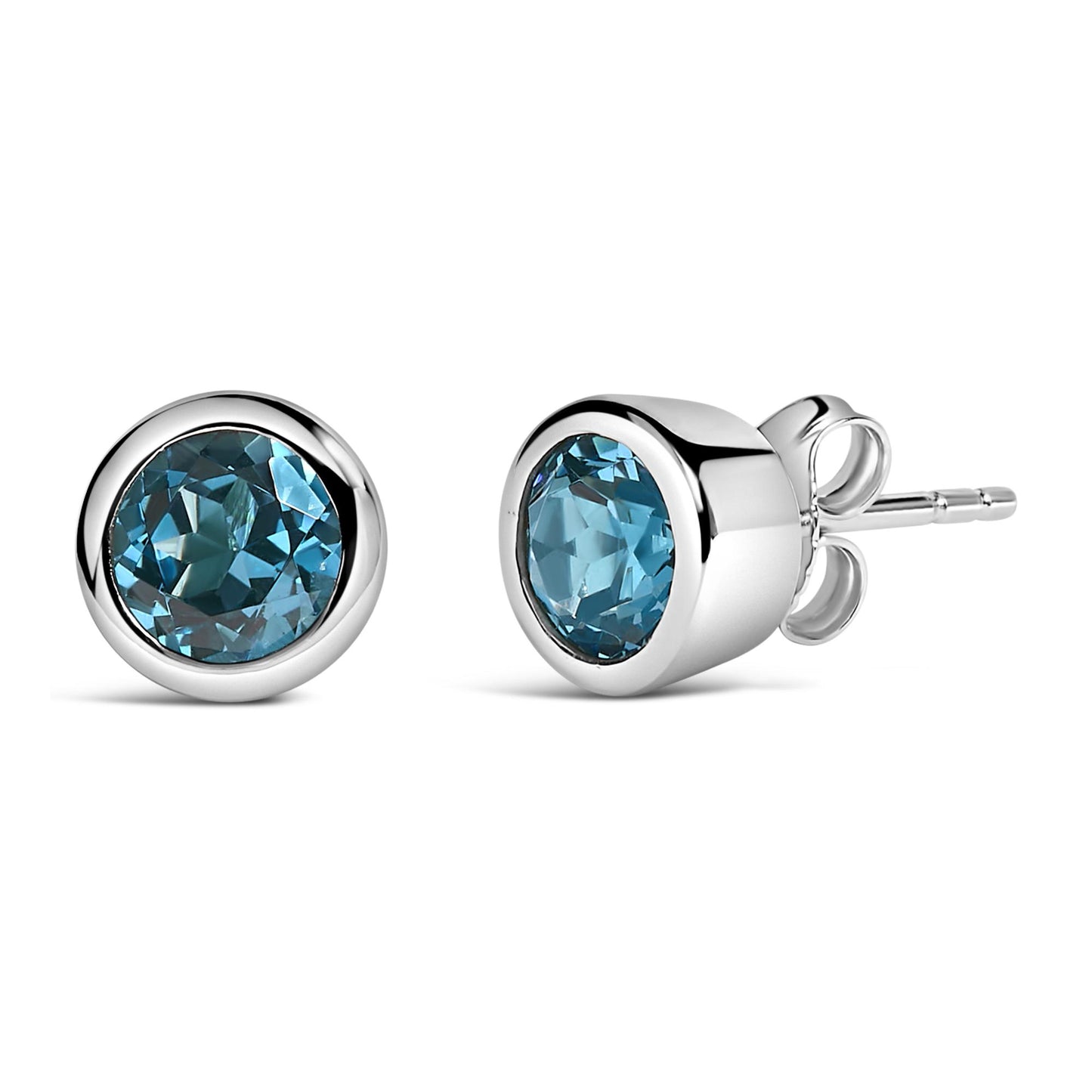 Pair of white metal stud earrings with round blue gemstones in bezel settings, shown from a side and front angle on a white background.