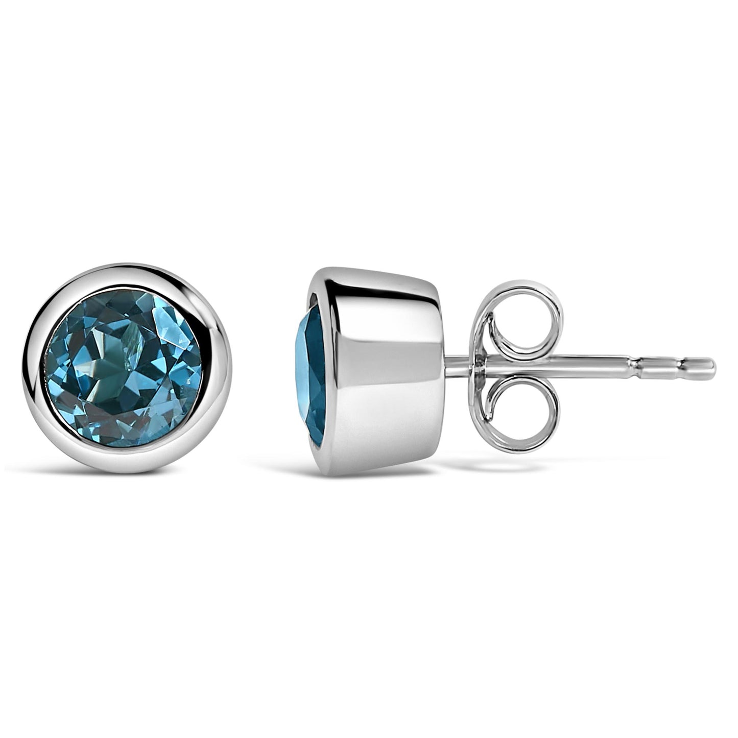 Pair of white metal stud earrings with round blue gemstones in bezel settings, shown in a side and front angle on a white background.