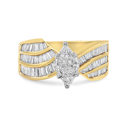 Front-facing shot of a two-toned ring featuring a marquise-shaped white gemstone in prong setting at the center, flanked by multiple baguette-shaped white gemstones in channel settings arranged in wave-like patterns on the band.