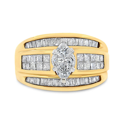 Close-up front view of a yellow and white metal ring featuring a marquise white gemstone set with prongs in the center, flanked by rows of rectangular white baguette gemstones in channel settings along the band.