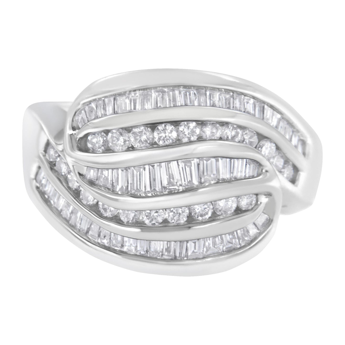 White metal ring with overlapping curved rows set with channel-set round and baguette white gemstones, shown in a close-up front angle.