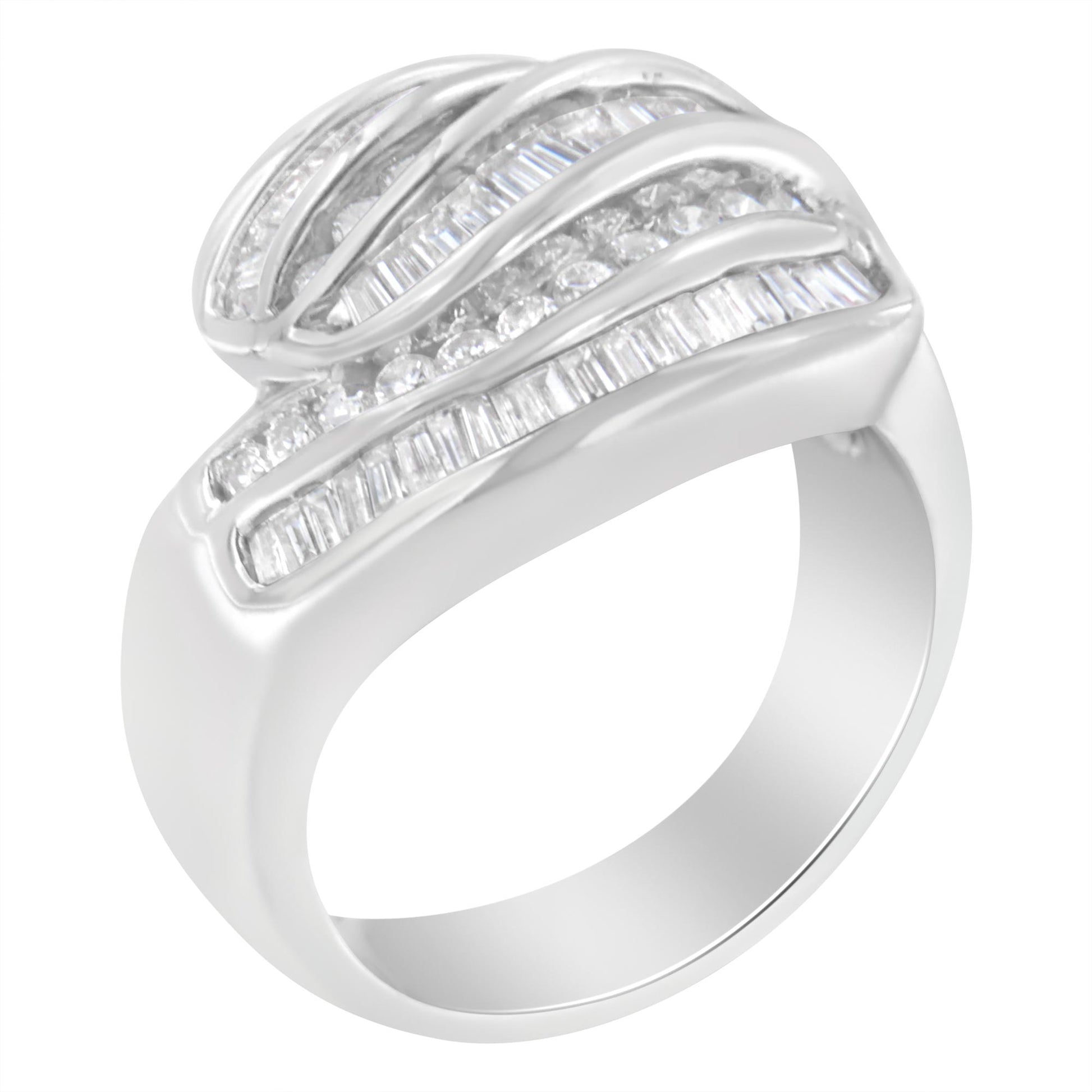 White metal ring with alternating rows of round and baguette white gemstones in channel settings, shown from a slightly angled top view.
