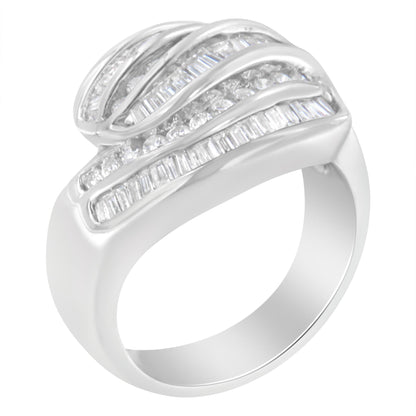 White metal ring with alternating rows of round and baguette white gemstones in channel settings, shown from a slightly angled top view.