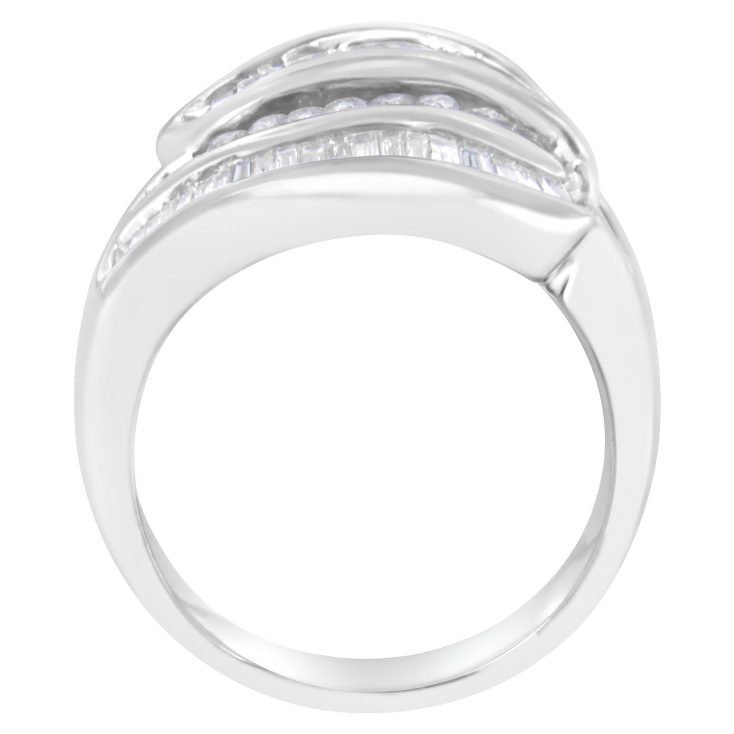 Front angle view of a white metal ring with two rows of channel-set white round gemstones and one row of channel-set white baguette gemstones.