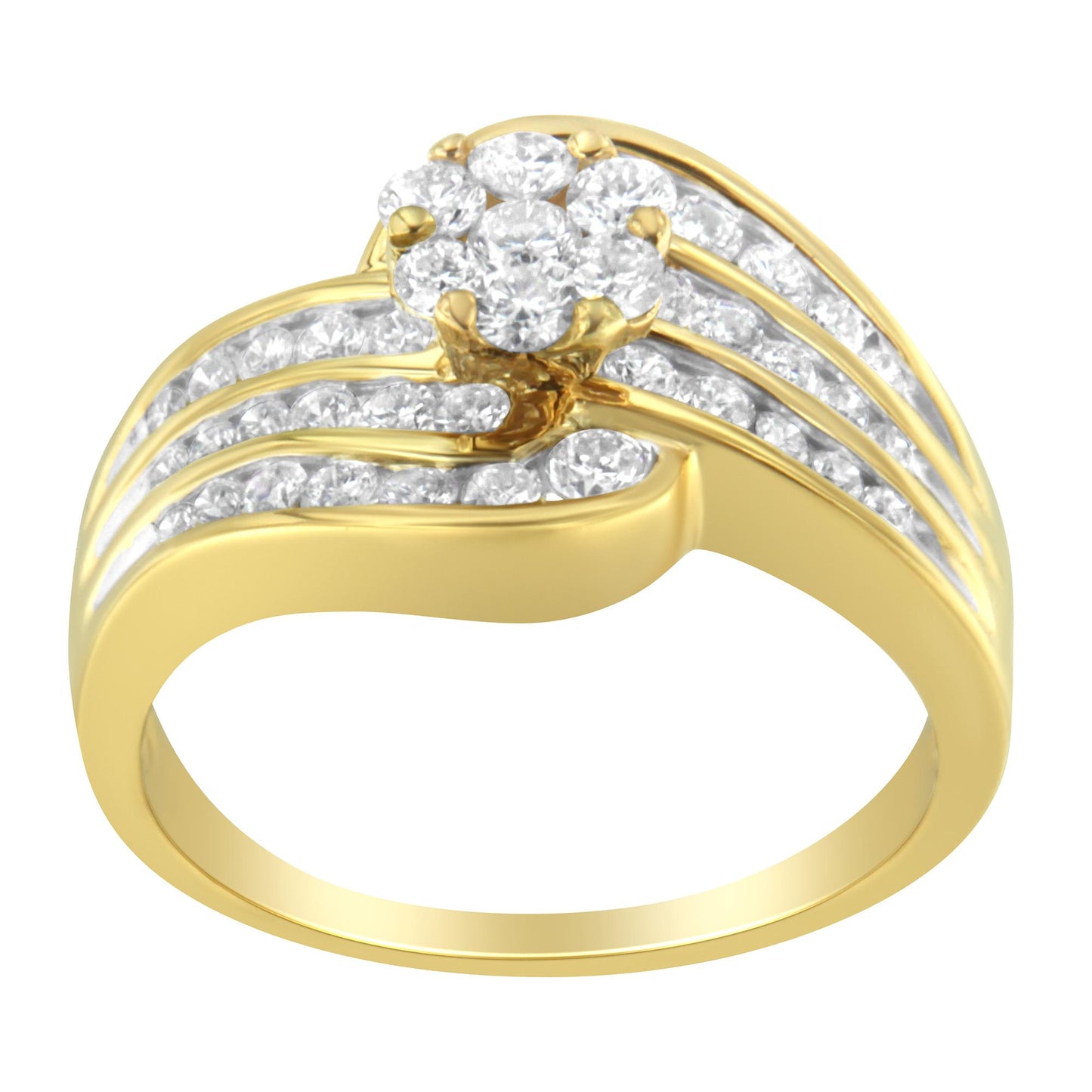 Yellow metal ring with channel-set round white gemstones, viewed from front angle.