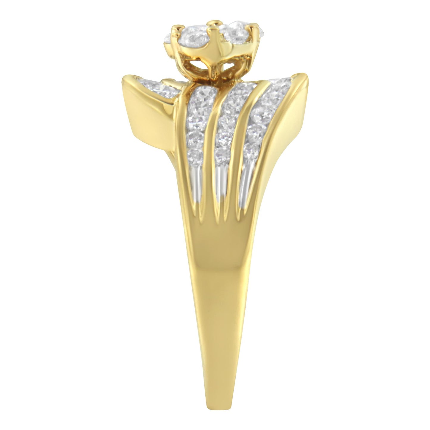 Yellow metal ring with a cluster of round white gemstones in a raised prong setting, accompanied by three rows of channel-set round white gemstones, shown in a front-facing angle.