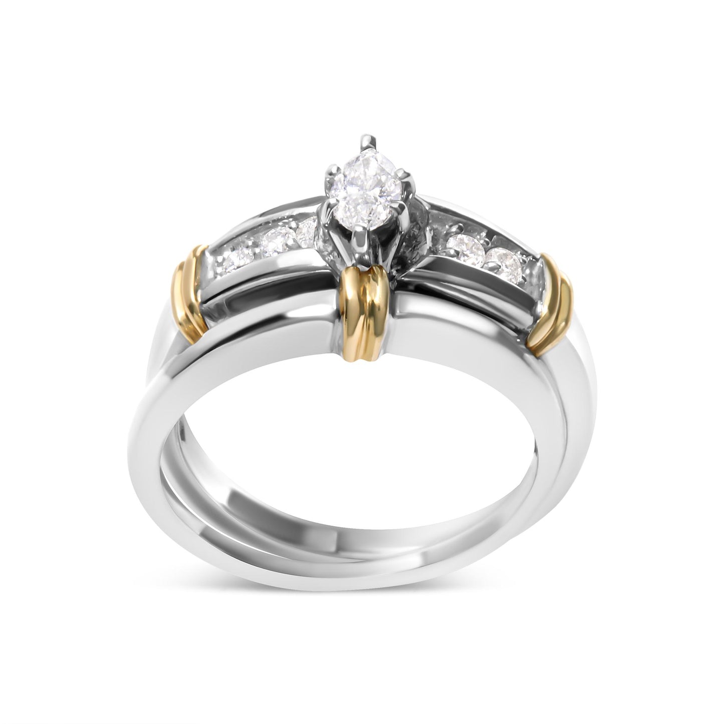 Front angle view of a two-toned ring featuring a marquise-shaped white gemstone in a prong setting and round white gemstones in a pave setting along the band.