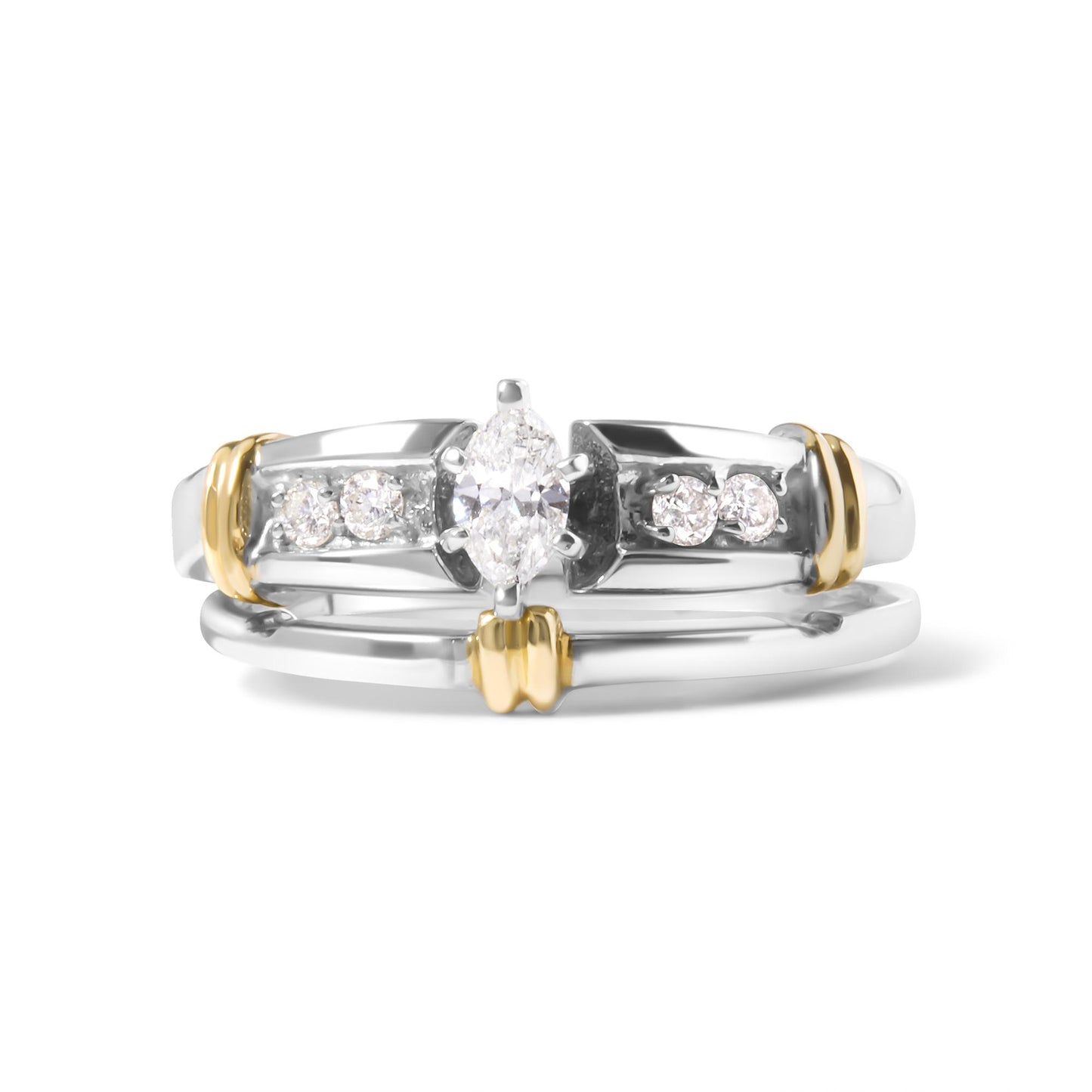 Front-facing shot of a two-toned ring featuring a marquise-shaped white gemstone in a prong setting at the center, flanked by round white gemstones in a pave setting on each side.