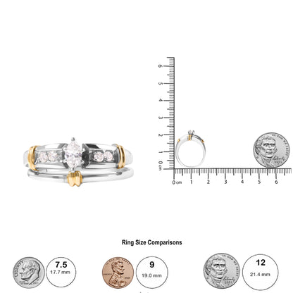 Two-toned ring with a marquise-shaped white gemstone in a prong setting at the center, flanked by round white gemstones in a pave setting, shown from a front angle and a side angle next to a ruler and coin for size reference.
