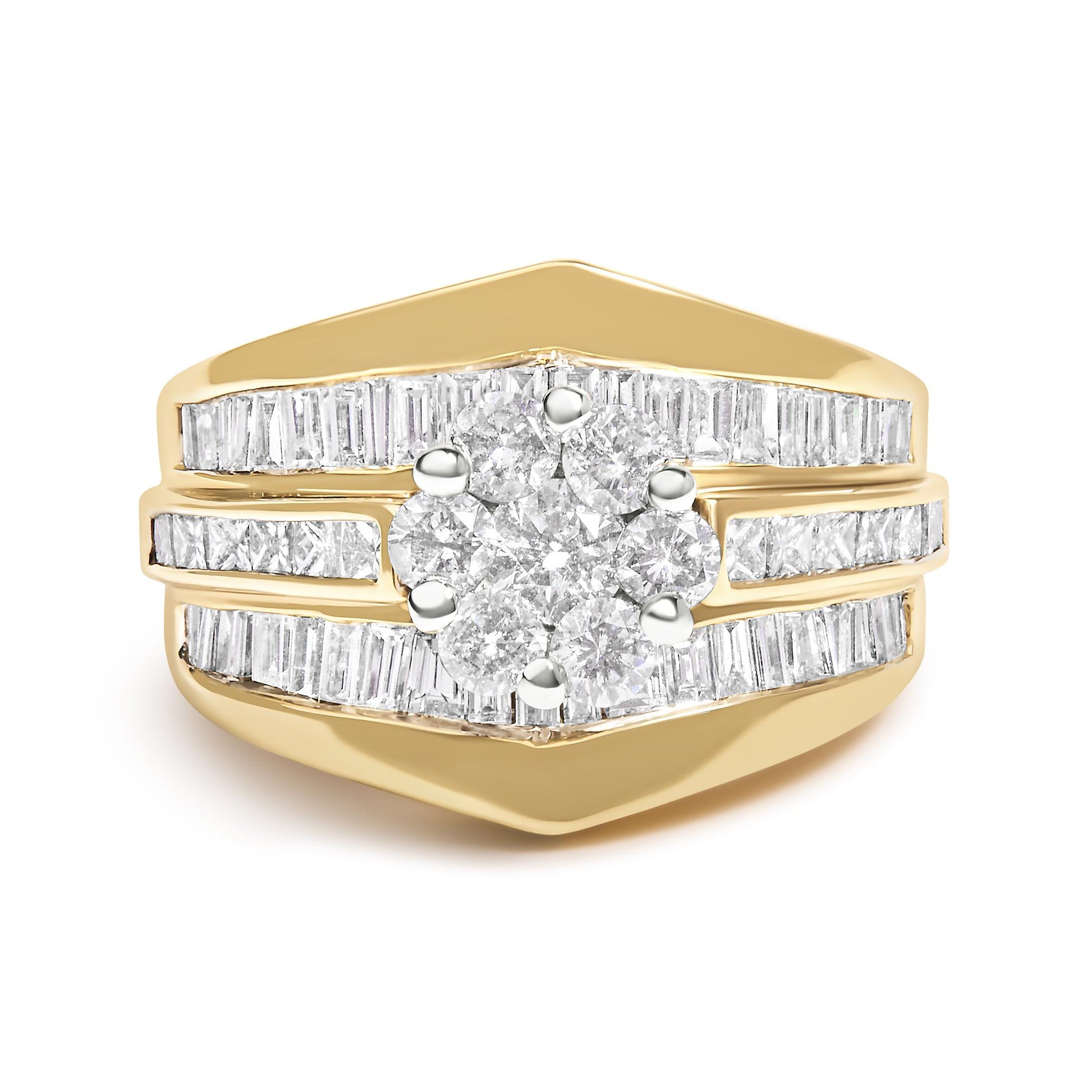 Front angled view of a yellow ring featuring a cluster of round white gemstones in prong settings in the center, flanked by rows of channel-set baguette and princess shaped white gemstones.