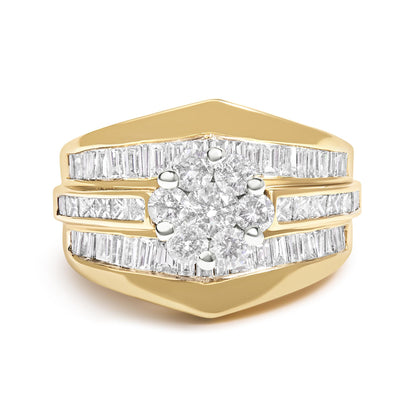 Front angled view of a yellow ring featuring a cluster of round white gemstones in prong settings in the center, flanked by rows of channel-set baguette and princess shaped white gemstones.