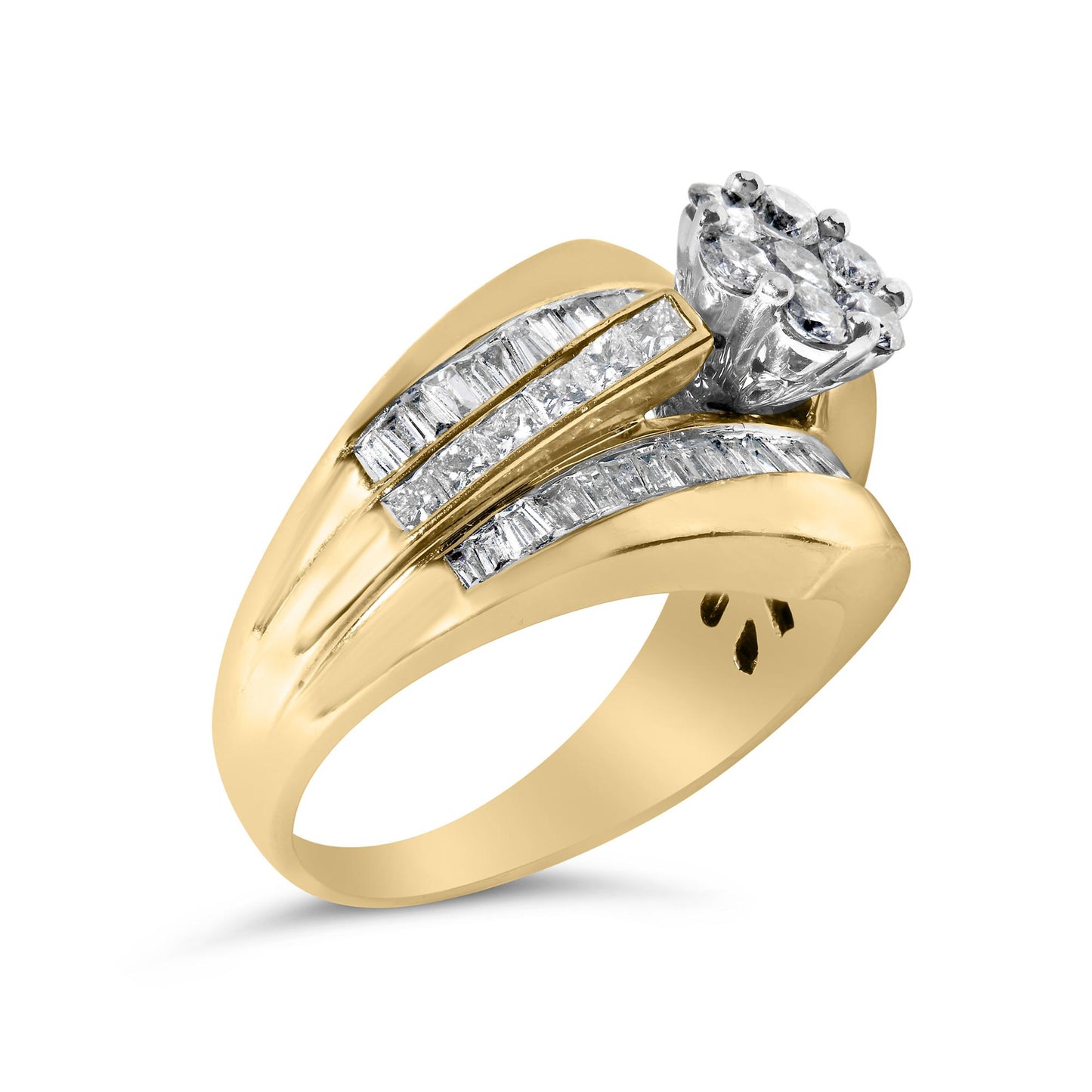 Yellow metal ring with round prong-set white gemstones clustered at top and two channel-set rows of baguette and princess-shaped white gemstones along the band, shown at a slight angle.