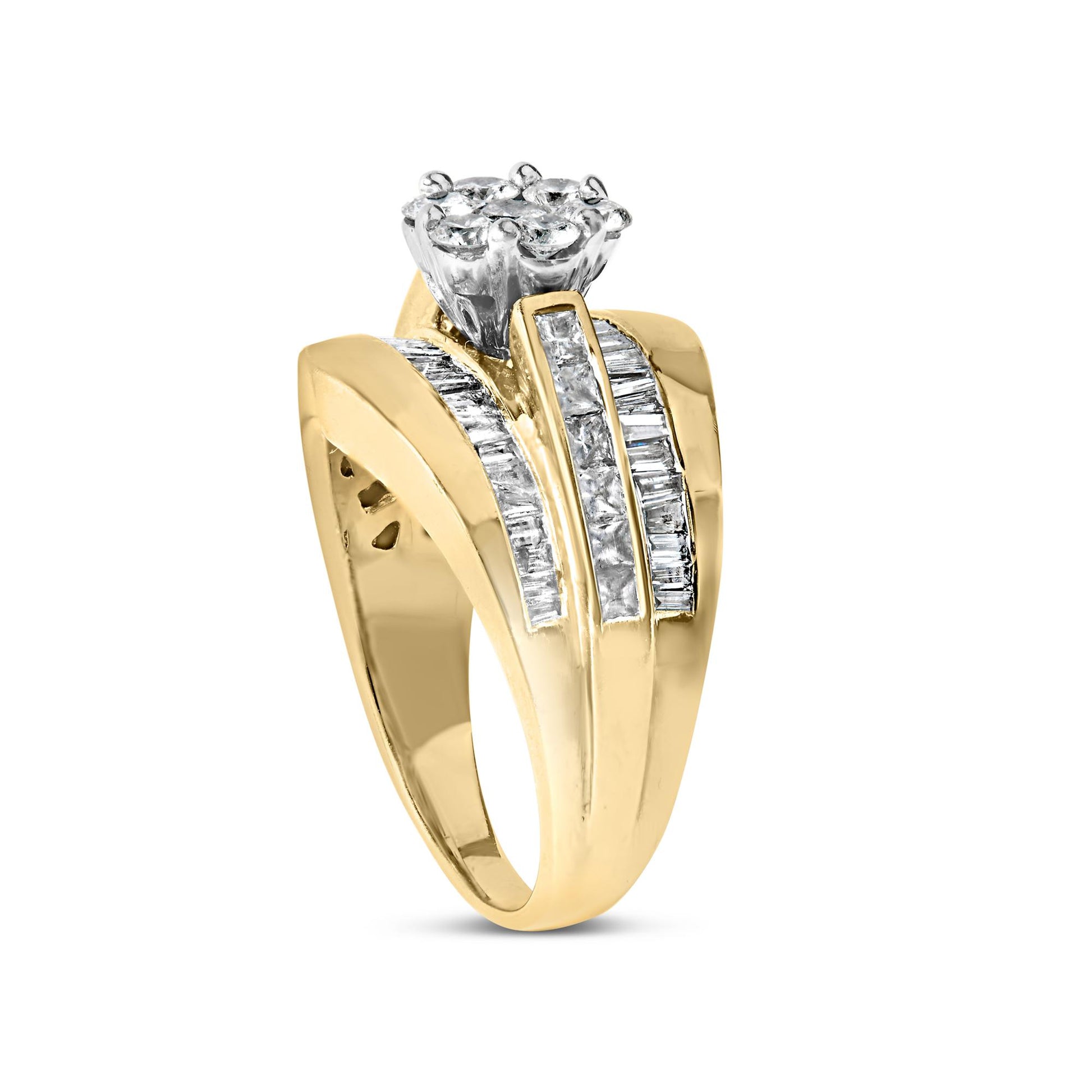 Yellow ring shown at a slight angle with round white gemstones in prong setting at the top center and rows of baguette and princess shaped white gemstones in channel settings along the band.
