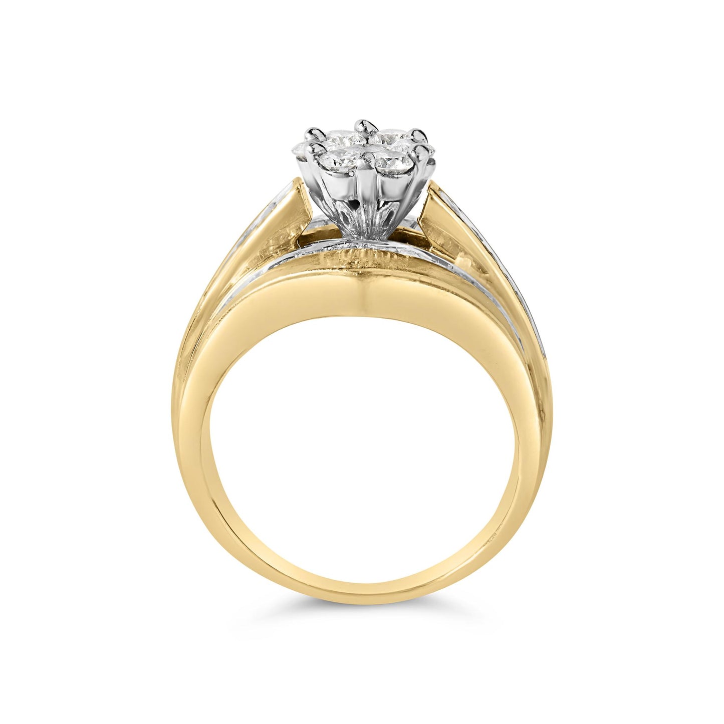 Yellow metal ring shown from the side with a cluster of round white gemstones in prong setting at the top and channel-set baguette and princess shape white gemstones along the band.
