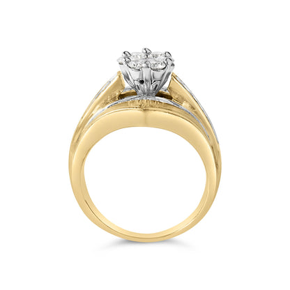 Yellow metal ring shown from the side with a cluster of round white gemstones in prong setting at the top and channel-set baguette and princess shape white gemstones along the band.