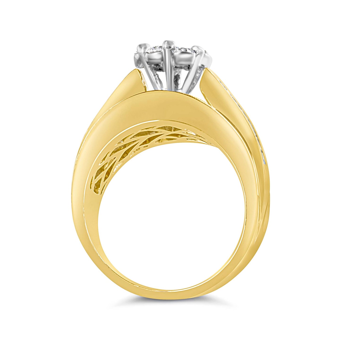 Close-up side view of a yellow ring featuring round white gemstones in prong settings at the top and baguette and princess shaped white gemstones in channel settings along the band.