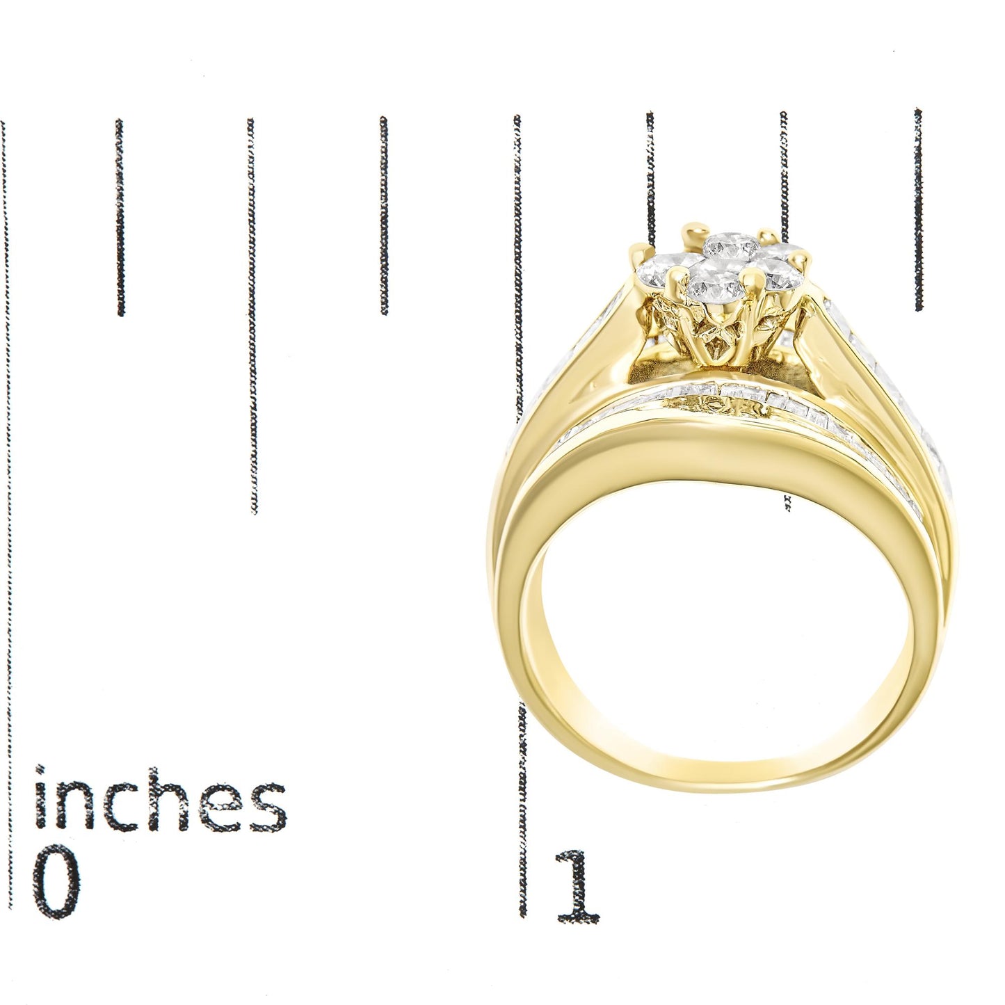 Close-up side view of a yellow ring on a ruler for size reference, featuring prong-set round white gemstones arranged in a cluster and channel-set baguette and princess-shaped white gemstones along the band.
