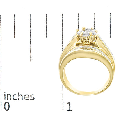 Close-up side view of a yellow ring on a ruler for size reference, featuring prong-set round white gemstones arranged in a cluster and channel-set baguette and princess-shaped white gemstones along the band.