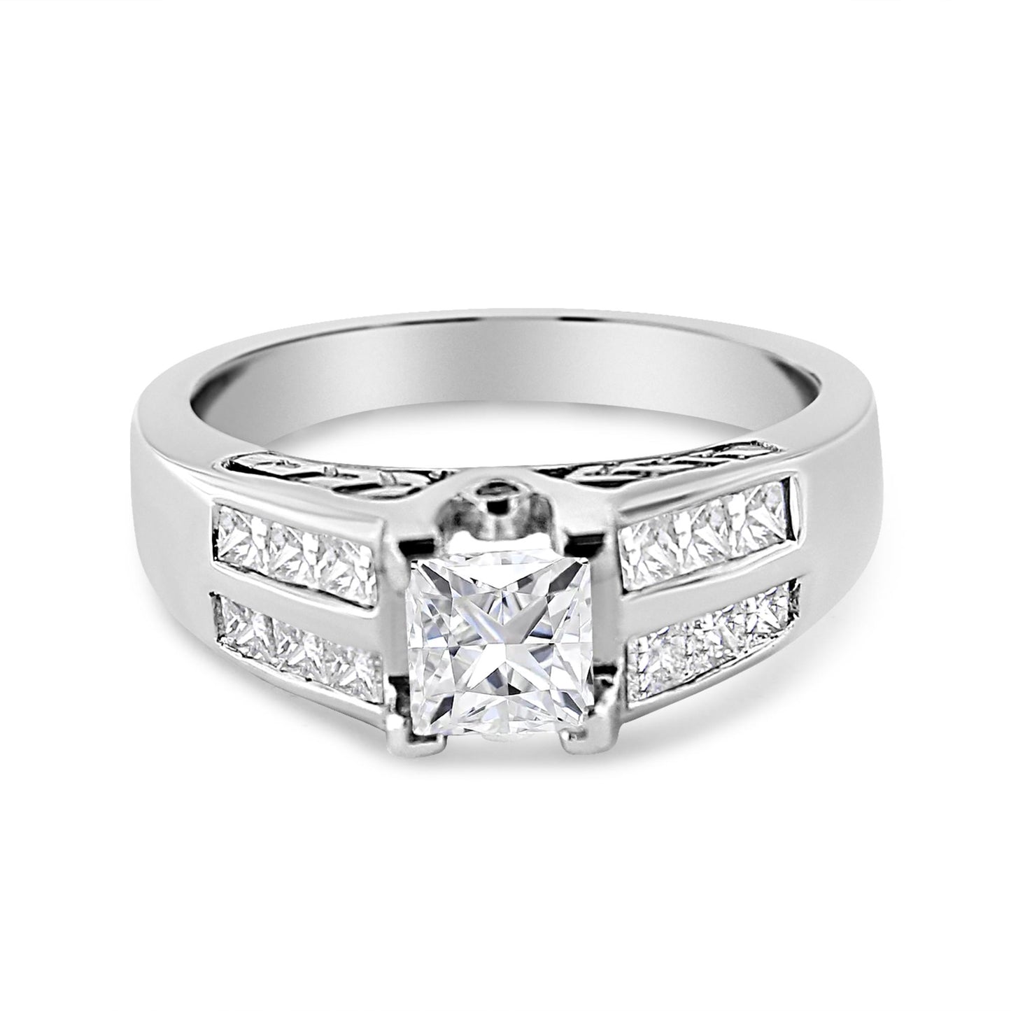 White metal ring with a princess-cut gemstone in the center with invisible setting, flanked by channel-set princess-cut gemstones on both sides, and round bezel-set white gemstones, front angle view.