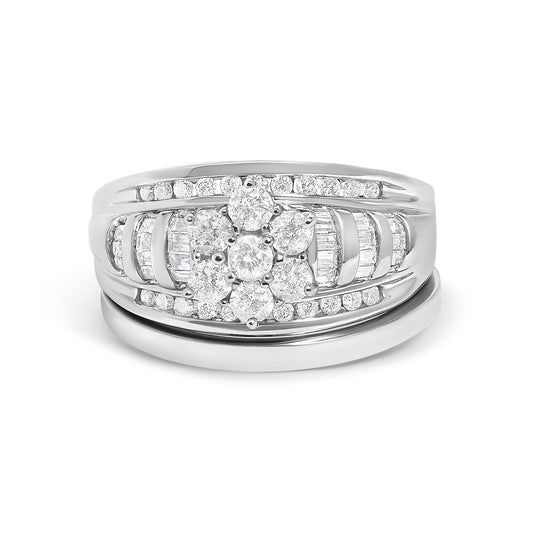 14K White Gold 1.0 Cttw Round and Baguette Diamond Cluster Bridal Set