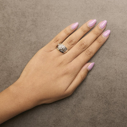 14K White Gold 1.0 Cttw Round and Baguette Diamond Cluster Bridal Set