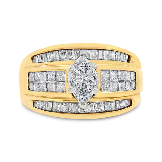 Front angle view of a yellow metal ring featuring a prong-set pie-shaped white gemstone in the center, flanked by channel-set princess-shaped and baguette-shaped white gemstones.