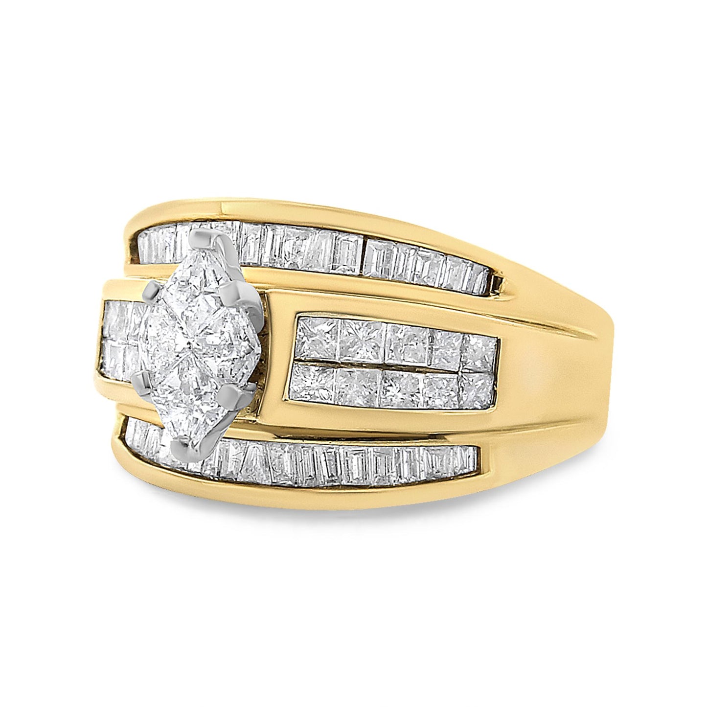 Close-up side angle of a yellow ring featuring white gemstones in baguette and princess shapes set in channels, and pie-shaped white gemstones set in prongs at the center.
