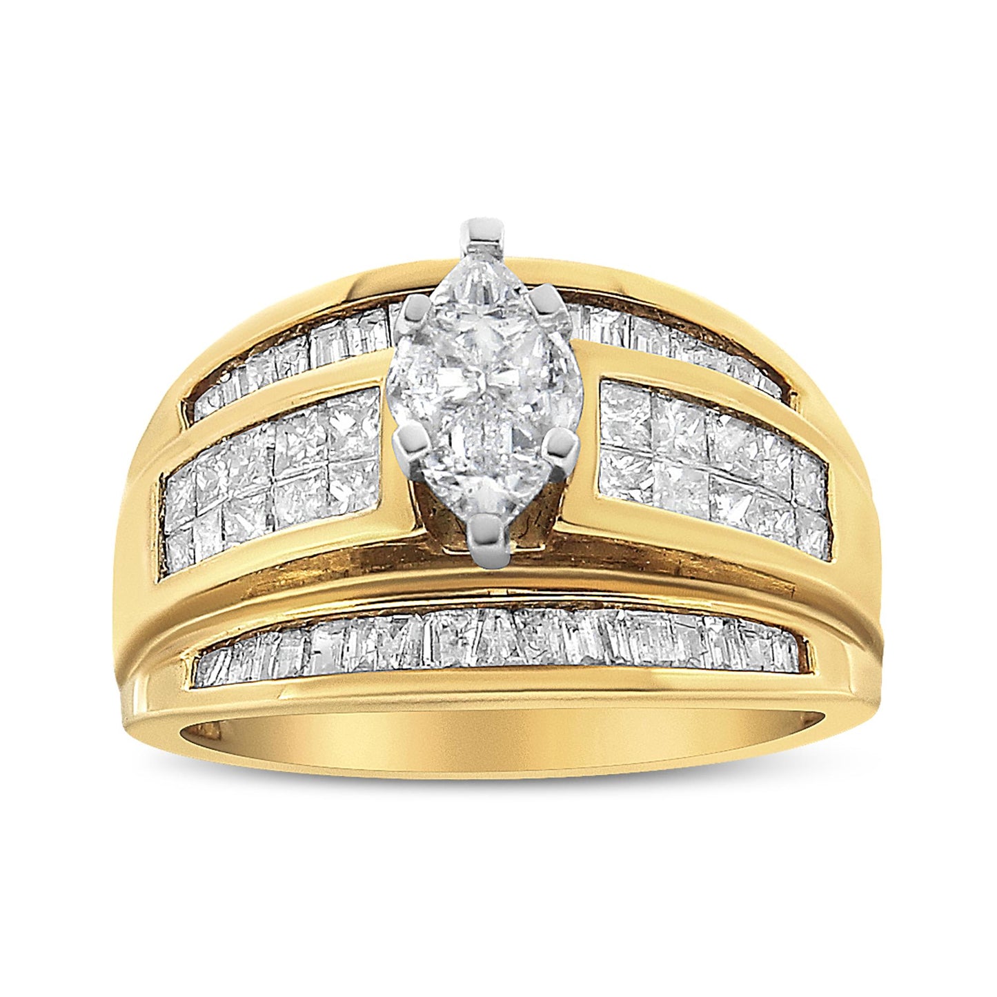 Front-facing shot of a yellow ring featuring a central white gemstone in a prong setting, flanked by rows of channel-set white baguette and princess-shaped gemstones.