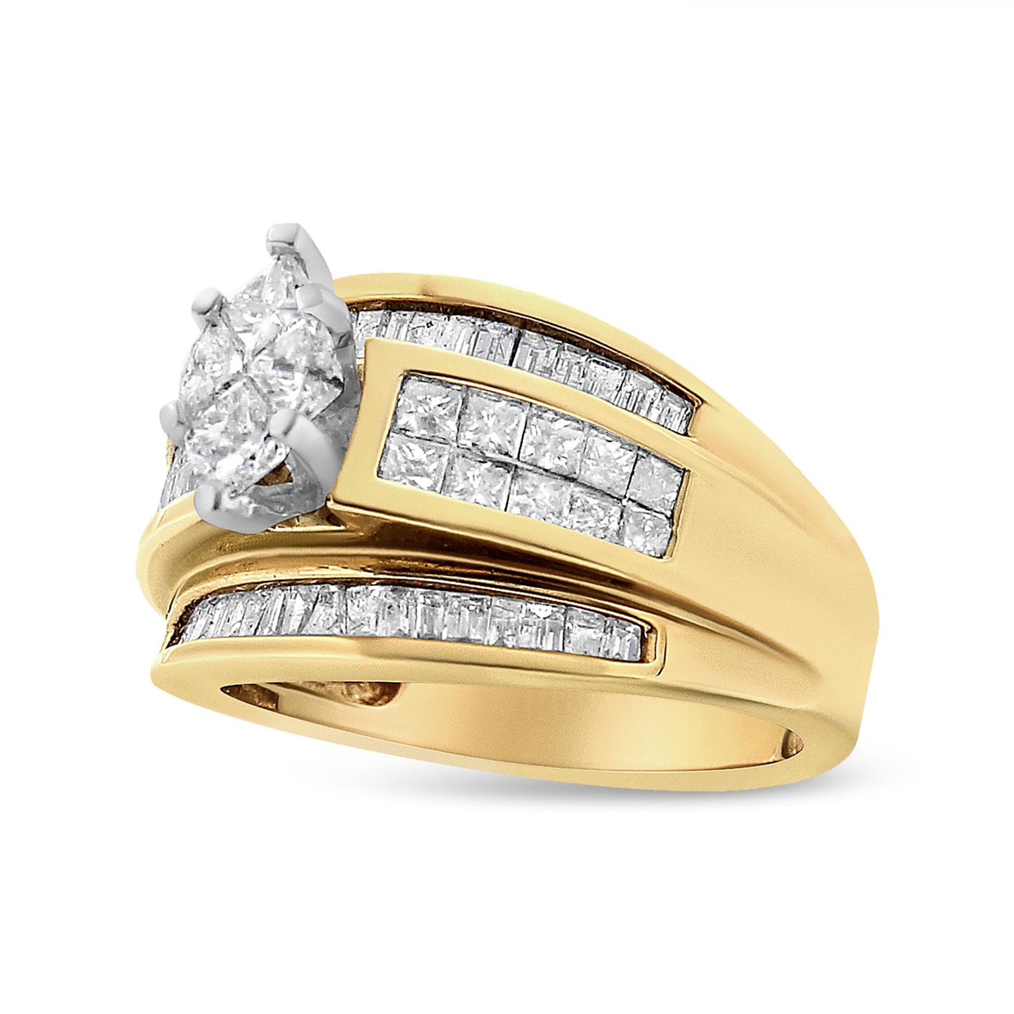 Yellow metal ring with rows of channel-set white baguette and princess shape gemstones, and a cluster of prong-set white pie shape gemstones, shown from a side angle.