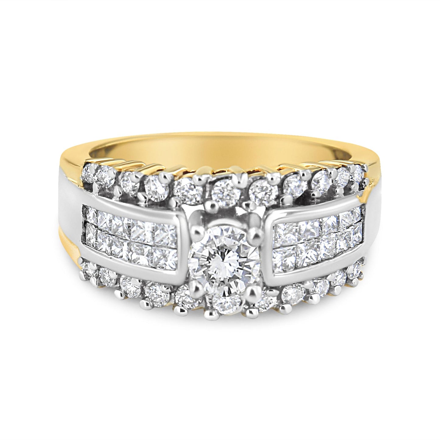 Close-up front angle of a two-toned ring featuring a center round gemstone in a prong setting, surrounded by smaller round prong-set gemstones, and princess-shaped gemstones in a channel setting along the sides.