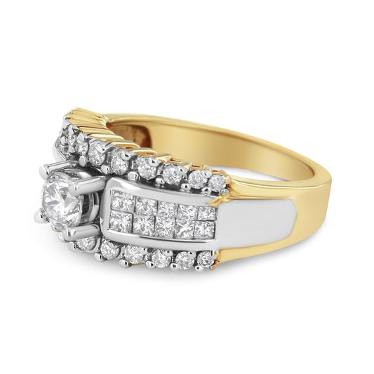 Close-up side angle of a two-toned ring featuring a central round white gemstone in prong setting, surrounded by smaller round white gemstones in prong setting and a band section with square-shaped white gemstones in channel setting.