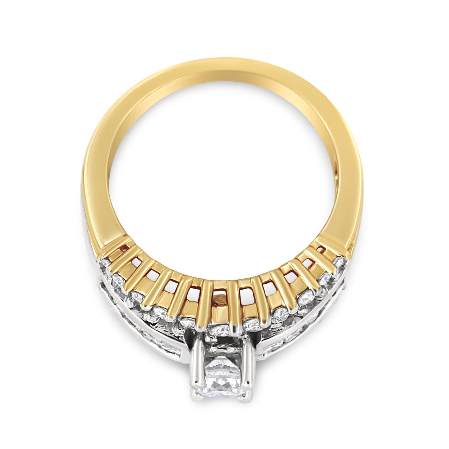 Two-toned ring with round prong-set white gemstones on the top and princess channel-set white gemstones along the shoulders, shown from the front angle.