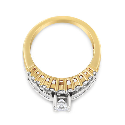 Two-toned ring with round prong-set white gemstones on the top and princess channel-set white gemstones along the shoulders, shown from the front angle.