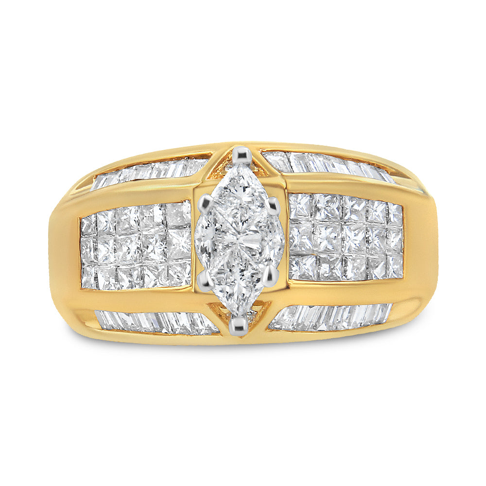 Front-facing image of a two-toned ring featuring a central pie-shaped white gemstone with prong setting, surrounded by multiple princess-shaped gemstones in invisible setting, and baguette-shaped gemstones in channel setting along the band.