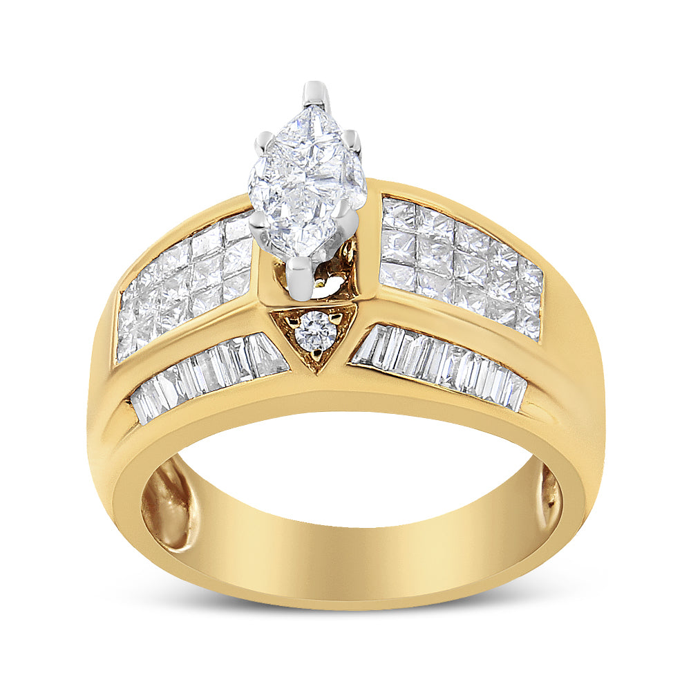 Front view of two-toned ring with round, baguette, princess, and pie-shaped white gemstones in various settings.